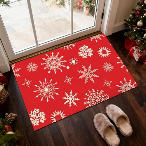 ZoneYan Christmas Entrance Doormat with Snowflakes Pattern, Absorbent Non-Slip Mat, Christmas Decorative Doormat for Indoor and Outdoor