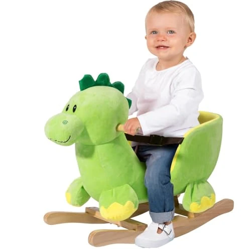 BAKAJI Dinosaurier Schaukeltier Plüsch Spielzeug für Kinder mit Soundeffekten Griffe und Sicherheitsgurt (Dinosaur)