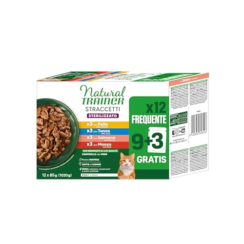 Tijdelijke aanbieding: Natural Trainer Droogvoer voor volwassen katten, gesteriliseerd, lekkernijen in saus multipack (kip, tonijn, zalm, rund), 12 x 85 g van 15.71 € naar 15.71 € (0.00% korting)
