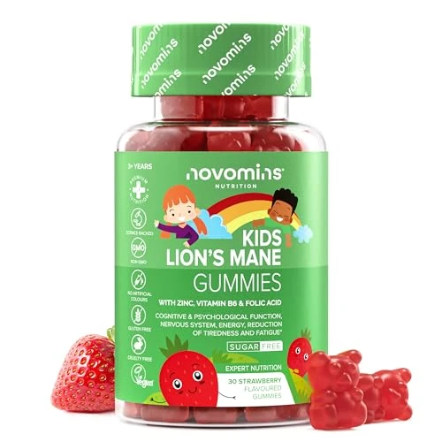 Kids Lions Mane Gummies - 30 Sugar Free Gummies - Mushroom Complex with Zinc, Vitamin B6, Folic Acid - Sugar-Free - Lions Mane Supplement for Mental Performance - Vegan - Strawberry Flavour - Novomins