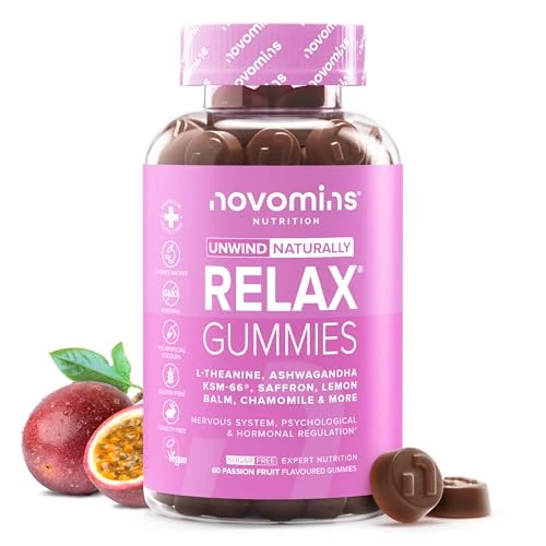 Relax Gummies – Ashwagandha KSM-66, L-Theanine, Saffron Supplement, Lemon Balm, Chamomile, B6 & B12 – Supports Relaxation, Psychological & Hormonal Function – Vegan, Halal – 60 Count – Novomins