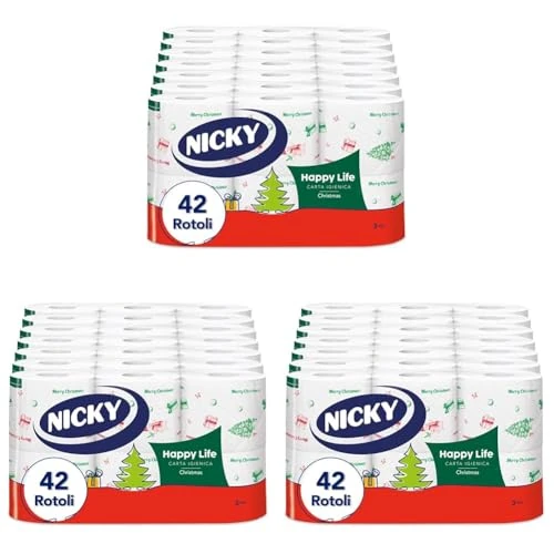 Nicky Happy Life Christmas - Carta Igienica Natalizia, 42 Rotoli da 170 Strappi, a 3 Veli, Apertura Facilitata, 4 Fantasie con Decori Natalizi, Morbida e Resistente, Allegra e Festiva, Carta FSC