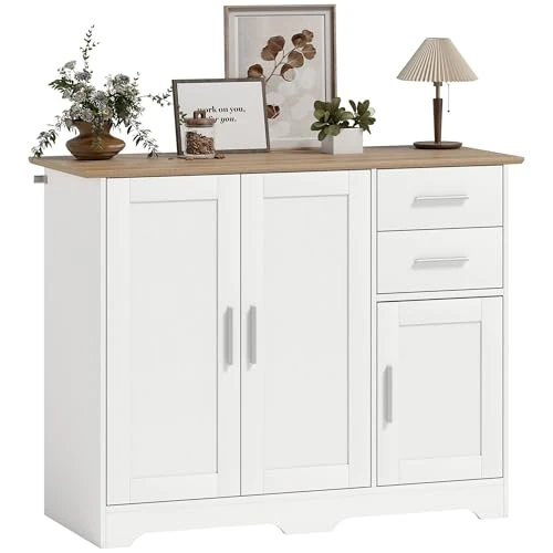 Offerta a tempo: HOMCOM Credenza Cucina, Mobile Cucina con 2 Cassetti e 2 Armadietti, Credenza Buffet con Ripiani Regolabili, 3 Ante, Stile Moderno, per Soggiorno, Sala da Pranzo, 100x40x78 cm, Bianco e Color Legno - 0.00% da 119.95 € a 119.95 €
