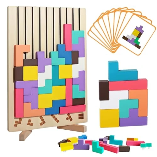 KINDLUME Puzzle Legno, Gioco Da Impilare, Giochi Montessori, Blocchi Geometrici, Rompicapo In Legno per Bambini, Puzzle 3d Bambini Con Carte Modello, per Sviluppo Intellettivo, Gioco In Famiglia