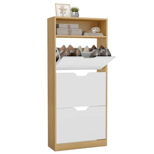 Zeitlich begrenztes Angebot: VASAGLE Custos Kollektion - Schuhschrank, Schuhkipper, Schuhaufbewahrung, offenes Fach, Trennwand verstellbar, 3 Klappen, 24 x 60 x 139 cm, 15-18 Paar Schuhe, goldeichenfarben-wolkenweiß LBC046YA02 von 79.99 € auf 68.73 € (14%