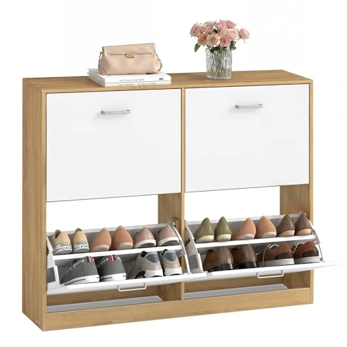 Tijdelijke aanbieding: VASAGLE Custos LBC035YA01 Schoenenkast, schoenenrek, schoenenrek, verstelbare scheidingswand, 4 kleppen, voor 16-28 paar schoenen, 24 x 105,5 x 82,7 cm, goudkleurig eiken van 77.99 € naar 77.99 € (0.00% korting)