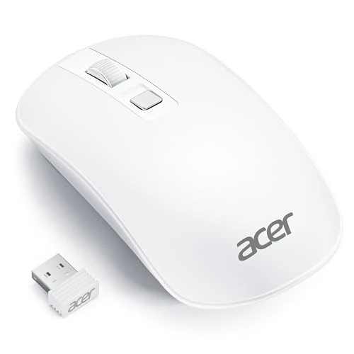 Acer Bezprzewodowa Mysz, Mysz komputerowa 2,4 GHz Odbiornik USB, Regulacja rozdzielczości 1600 DPI, 4 przyciski Ultrasmukła mysz, Przenośna do laptopa, MacBooka, komputera stacjonarnego - Biały