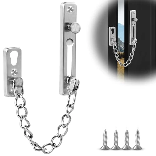elzle Catena di Sicurezza per Porte in Acciaio Inossidabile, con Pulsante Anti-Furto, 4 Viti Incluse, Serratura di Sicurezza per Porte d'Ingresso, Porte Interne & Finestre (Argento)