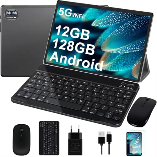 Offerta a tempo: Dghrti Tablet Android, 12GB RAM, 128GB ROM (expandable up to 1TB), 8000mAh, Widevine L1, BT5.0, with Mouse,Protective cover - Black - 68% da 269.99 € a 85.99 €