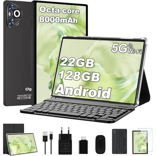 Dghrti Android-Tablet, 22 GB RAM, 128 GB ROM (1 TB/TF), 8000 mAh, Widevine L1, BT5.0, 8 + 5 MP Tablet PC mit Maus, Schutzhülle – Schwarz