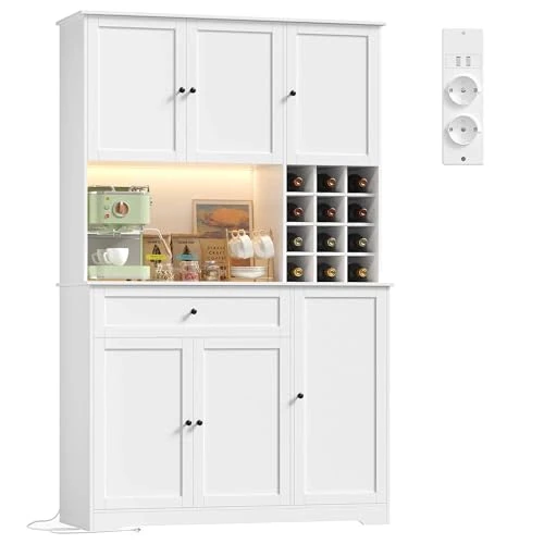 Offerta a tempo: FirFurd 180 cm Mobile Cucina, Credenza Cucina Alta con Presa di Corrente e Luci LED Multicolori, Credenza Alta a Portabottiglie Rimovibile, Ripiano Regolabile,6 Ante e 1 Cassetto,100x39x180cm (Bianco) - 0.00% da 249.99 € a 249.99 €