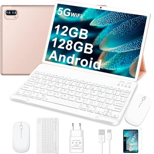Offerta a tempo: Dghrti Tablet Android, 12GB RAM, 128GB ROM (expandable up to 1TB), 8000mAh, Widevine L1, BT5.0, with Mouse,Protective cover - Gold - 68% da 269.99 € a 85.99 €