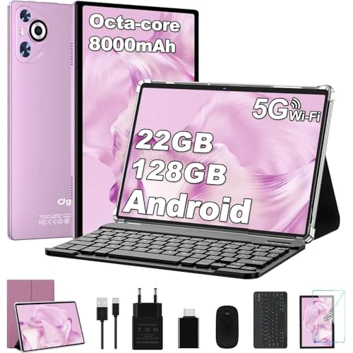 Dghrti Tablet Android, 22GB RAM, 128GB ROM (1TB/TF), 8000mAh, Widevine L1, BT5.0, 8+5MP Tablet PC with Mouse,Protective Case - Violet