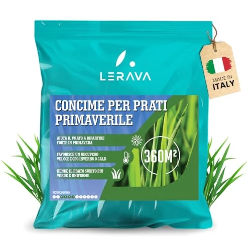 LERAVA Concime Prato Primavera (360m²) - Fertilizzante per Prato Verde e Rigoglioso - Concime Azotato Antimuschio a Lenta Cessione - Rigenerazione e Nutrizione del Tappeto Erboso per Tutta la Stagione
