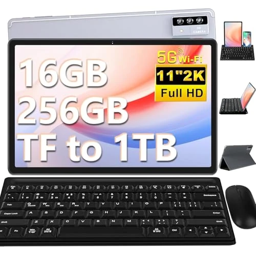 Offerta a tempo: Tablet 11 Pollici Android Tablets, 16GB+256GB(TF 2TB), 8600mAh, 2K FHD Schermo 2000 * 1200, Octa-Core, 4 Altoparlantis, 5MP+13MP+2MP, 2.4G+5G WiFi, BT 5.0, GPS, Tablet con Tastiera+Mouse - Grigio - 0% da 109.99 € a 109.99 €