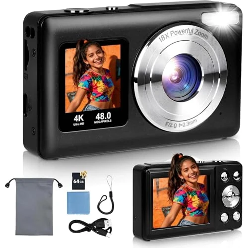 TEKXDD Digitale camera met dubbel scherm, 4K HD 48 MP, draagbare compacte camera met 18-voudige digitale zoom, anti-vibratiefunctie, 32 GB kaart voor kinderen/jongeren/beginners, zwart