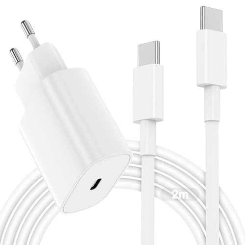 20W caricatore Rapido e Cavo USB C a C 2m, USBC Caricabatteria con Cavetto 2m per Apple iPhone 17/16e/15 Pro Max/Plus, Per iPad Pro 12.9/11/Air/Mini/10, Alimentatore Tipo C Ricarica Spina Rapida