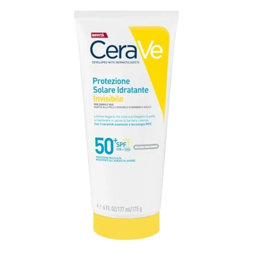 Offre limitée : CeraVe, Lait Solaire Invisible Hydratant 24h SPF50+, Enfants et Adultes, Haute Protection Solaire, Non Gras et Collant, Visage et Corps, Hypoallergénique, 3 Céramides et Vitamine E, Résiste à l'Eau de 16.90 € à 12.79 € (24% de remise)