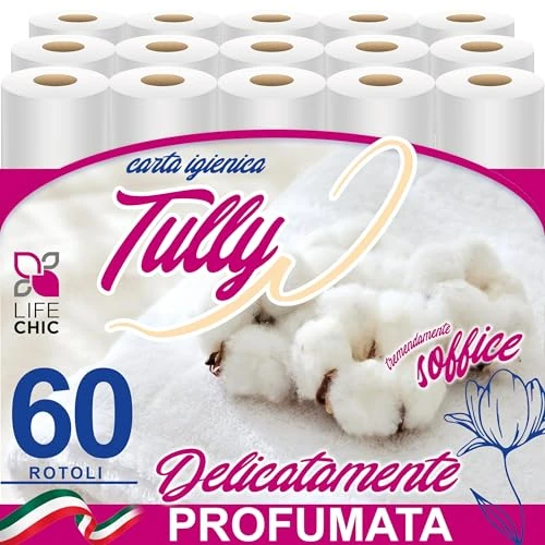 LifeChic Carta Igienica TULLY 60 Rotoli 2 Veli Profumata al Talco – Carta Morbida e Resistente, Delicata sulla Pelle, Ideale per Bambini e Famiglia, Rotoli Lunghi e di Qualità Premium