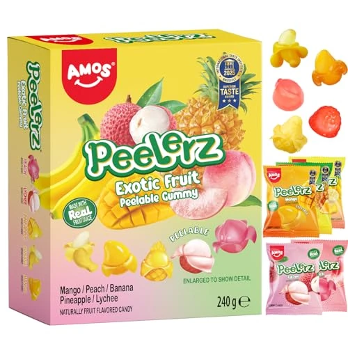 Tijdelijke aanbieding: AMOS Peelerz Gummy Snoep, 5 Smaken Afpelbaar Kerst Snoep Cadeau (Mango & Perzik & Banaan & Ananas & Lychee), Leuk Fruit Snoepgoed, Feest Viering Cadeau 8-10 Zakjes- 240 g (Fruitmix- 5 Smaken- 240G) van 19.99 € naar 19.99 € (0.00% ko