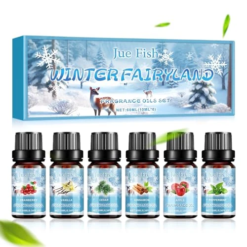 6 x 10ML Winter Ätherische Öle Set, Naturrein Aromatherapie Duftöl, Aromatherapie Duftöl Geschenk Set für Diffuser, Minze, Zimt, Zeder, Vanille, Cranberry, Apfel