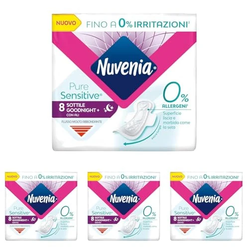 Nuvenia - Assorbente Pure Sensitive Sottile Notte con Ali - Confezione da 32 Assorbenti