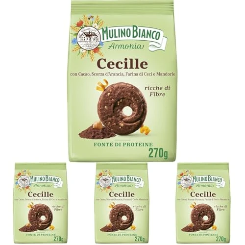 Mulino Bianco Cecille, Biscotti Frollini Senza Latte e Uova con Cacao, Scorza d'Arancia, Farina di Ceci e Mandorle, Ricche di Fibre, Fonte di Proteine, Confezione 270g (Confezione da 4)