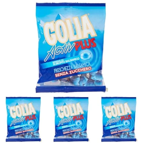 Golia Activ Plus, Caramelle Balsamiche, Freschezza Balsamica, Mentolo e Eucaliptolo, Senza Zucchero, Ripieno di Sciroppo Balsamico, Busta da 90g (Confezione da 4)
