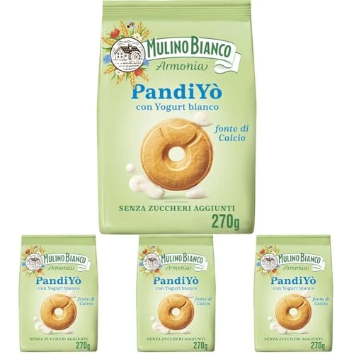Mulino Bianco PandiYò, Biscotti Senza Zuccheri Aggiunti con Yogurt Bianco e Maltitolo, Fonte di Calcio, Biscotti Senza Zucchero, Mulino Armonia, Confezione 270g (Confezione da 4)