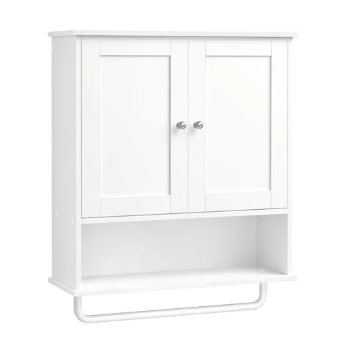 Offerta a tempo: VASAGLE SIREN Collezione - Mobile da Bagno Sospeso con Barra Porta Asciugamani, Armadietto da Parete con Ripiano Aperto, Ripiano Regolabile e Ante, Stile Rustico, Bianco Nuvola BBK149WB01 - 15% da 43.99 € a 37.39 €