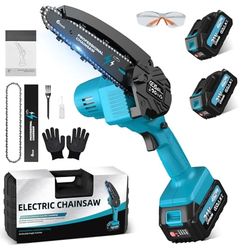 Mini Tronconneuse a Batterie 6 Pouces, 900W Tronconneuse Electrique Sans Fil avec 2x4000mAh, Chaîne Supplémentaire, Chargeur, Boîte à Outils, Elagueuse Batterie pour l'élagage le Jardin Projets DIY
