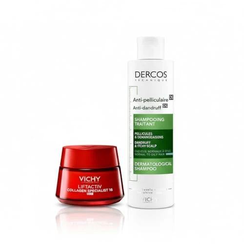 Kit Vichy Liftactiv Collagen Specialist 16, Crema Viso Giorno Anti-età, 50 ml + Vichy Dercos, Shampoo Anti-Forfora DS, Per Capelli da Normali a Grassi, 200 ml