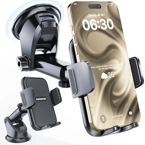 Offre limitee: PORTENTUM Support Telephone Voiture Ventouse renforcée – Nouvelle Version 2026 – Rotation 360° et Bras Extensible – Fixation Tableau de Bord et Pare-Brise – Compatible Tout Mobile 4 à 7,5" de 13.99 EUR a 9.89 EUR (economie 29%)