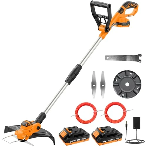 Offerta a tempo: JYGMPRO Decespugliatore a Batteria 21V, Tagliabordi a Batteria Brushless con 2 Batterie 2,0Ah, 2 Bobina(5m), 2 Lame, Impugnatura Regolabile, Tubo Telescopico, Testa Girevole 90°per Giardino Potatura - 0% da 115.98 € a 115.98 €