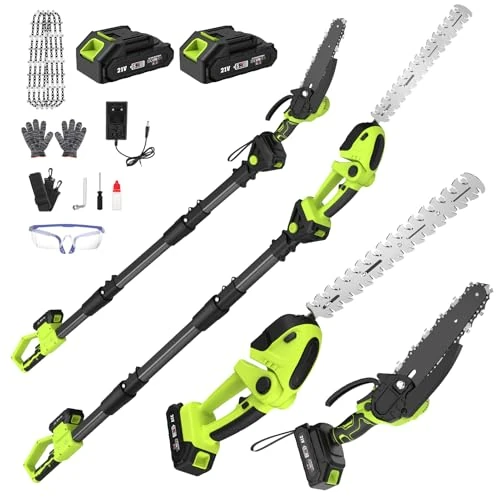 Kit Motosega e Tagliasiepi con Asta Telescopica, 4 in 1 Kit Potatura Sega Elettrico Mini Motosega, 4* Catene 6", 2 * 4000 mAh Batterie Ricaricabili per Tagliare Giardini, Arbusti, Rami