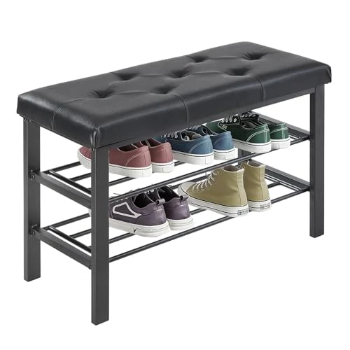 Sweetcrispy Zapatero de 3 Niveles, Zapatero con Banco, 32 x 81 x 50 cm, baúl de Piel sintética y Estructura metálica, Almacenamiento de Zapatos para salón, Entrada o Pasillo, Color Negro