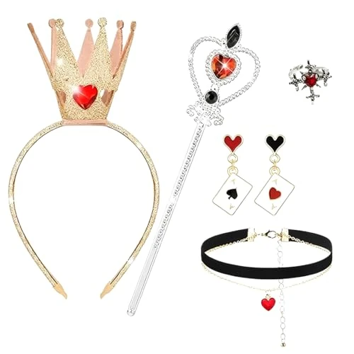 YAZWUR Queen of Hearts Women's Accessory Set - Queen of Hearts Costume for Carnival, Halloween and Themed Parties with Red Crown, Scepter, Heart Earrings and Necklace