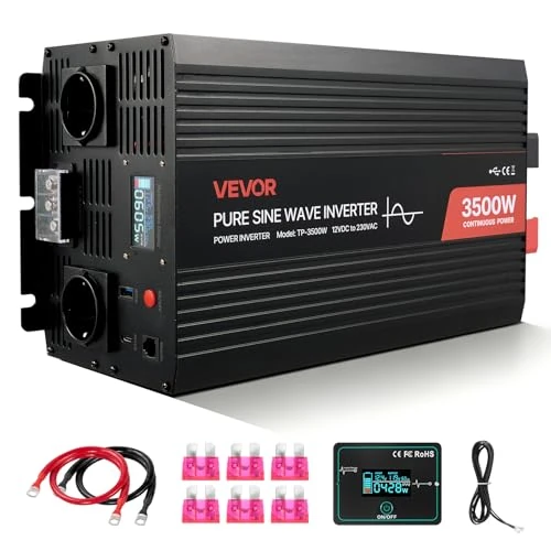 Offre limitée : VEVOR Convertisseur Pur Sinus CC 12 V vers CA 230 V Onduleur Sinusoïdal Pur 3500 W, avec Écran LCD, Télécommande Filaire, Port USB et Type-C, 2 Prises CA, pour Camping-Car, Voiture, Système Solaire de 225.99 € à 202.90 € (10% de remise)