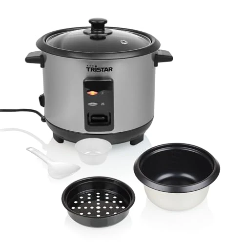 Tristar Cuociriso 1 L, Fino a 5 Porzioni, Corpo in Acciaio Inox, Pentola Antiaderente, Vassoio Vapore, Funzione Mantenimento Caldo, 400 W, RK-6144