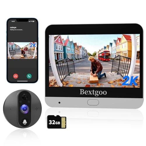Bextgoo Mirilla Digital Puerta, 2K HD Videoportero WiFi con Mirilla Digital Puerta WiFi Grabadora, Batería 8000mAh, 170° Visión, Detección Humanoide AI, Audio Bidireccional, Tarjeta de 32 GB Incluida