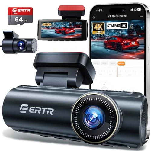 Dash Cam 4K Anteriore e Posteriore, Dashcam WiFi 5GHz con Scheda SD 64GB, Camera Auto Doppia, Dash Cam Full HD con Controllo APP, G-Sensor, WDR, USB, Registrazione in Ciclo Installazione Facile
