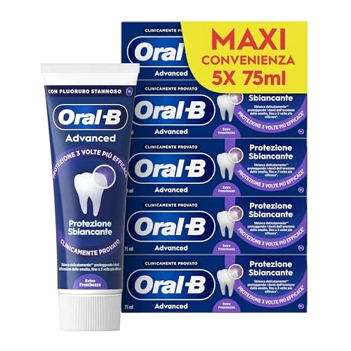 Offerta a tempo: Oral-B Dentifricio Advanced Protezione Sbiancante 5x75ml, Dentifricio Sbiancante Denti, Clinicamente Provato, Pulizia Denti Efficace, Alito Fresco Sapore Menta Piperita - 0% da 9.99 € a 9.99 €