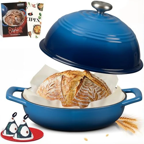 Offerta a tempo: Overmont Pentola in Ghisa Smaltata per Pane - 5.7L Casseruola con Coperchio e Libro di Ricette - Per Cucina, Forno, Cuocere, Stufare e Arrostire - Blu - 0.00% da 89.98 € a 89.98 €