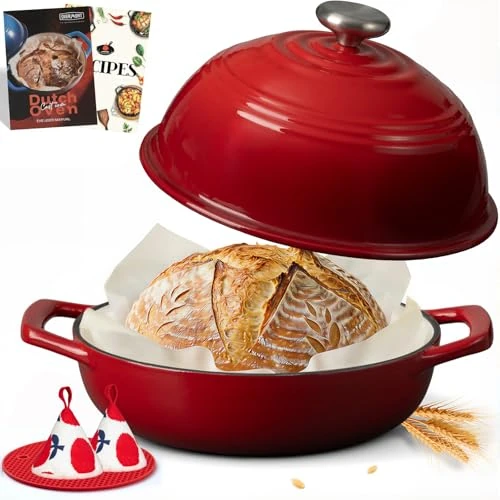 Offerta a tempo: Overmont Pentola in Ghisa Smaltata per Pane - 5.7L Casseruola con Coperchio e Libro di Ricette - Per Cucina, Forno, Cuocere, Stufare e Arrostire - Rosso - 0.00% da 89.98 € a 89.98 €
