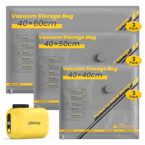 Vacuum Bags Clothes with Wireless Pump, 9 Pieces Vacuum Bags Reusable Clothes (3 x 40 x 40 cm, 3 x 40 x 50 cm, 3 x 40 x 60 cm), Travel Vacuum Bags for Home Storage and Travel