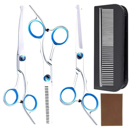 GNALIA Hondenschaar 6-delige set, professionele vachtschaar met ronde punt in blauw, titanium gecoate roestvrijstalen scharen voor honden, katten en dieren, inclusief accessoires