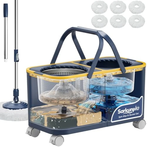 Offerta a tempo: Sarkunpio Mocio e Secchio Lavapavimenti, Set Mop e Secchio con 4 Camere e 4 Ruote, Separazione Acqua Pulita e Sporca, 360° Mocio Rotante con Strizzatore Sistema di Pulizia Pavimenti con 6 Teste di Mop - 33% da 62.99 € a 41.99 €