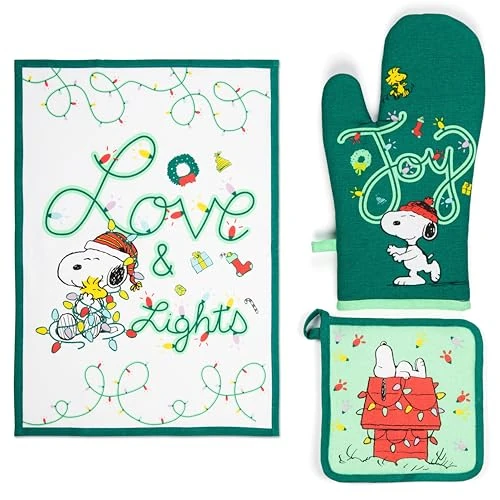 Excelsa Peanuts Shiny and Bright - Juego de Cocina navideño, Mantel de 50 x 70 cm con Guante de Horno y agarrador, Verde, 100% algodón