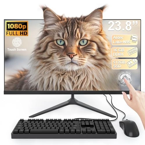 SUKOTOP All-in-One-PC mit 60,5 cm (23 Zoll) Full-HD-Multi-Touch-Display, Alder Lake-N95 Prozessor 16 GB RAM und 512 GB SSD verfügt über Dual-Band-WLAN, Bluetooth und kabelgebundene Tastatur mit Maus