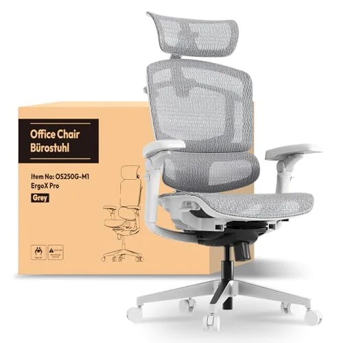 FLEXISPOT ErgoX Pro Ergonomic Office Chair with 12 Levels Adjustable Height, 7D Armrests, 5D Lumbar Support, 4D Headrest, 250kg Load Capacity and Breathable Mesh Seat - Grey